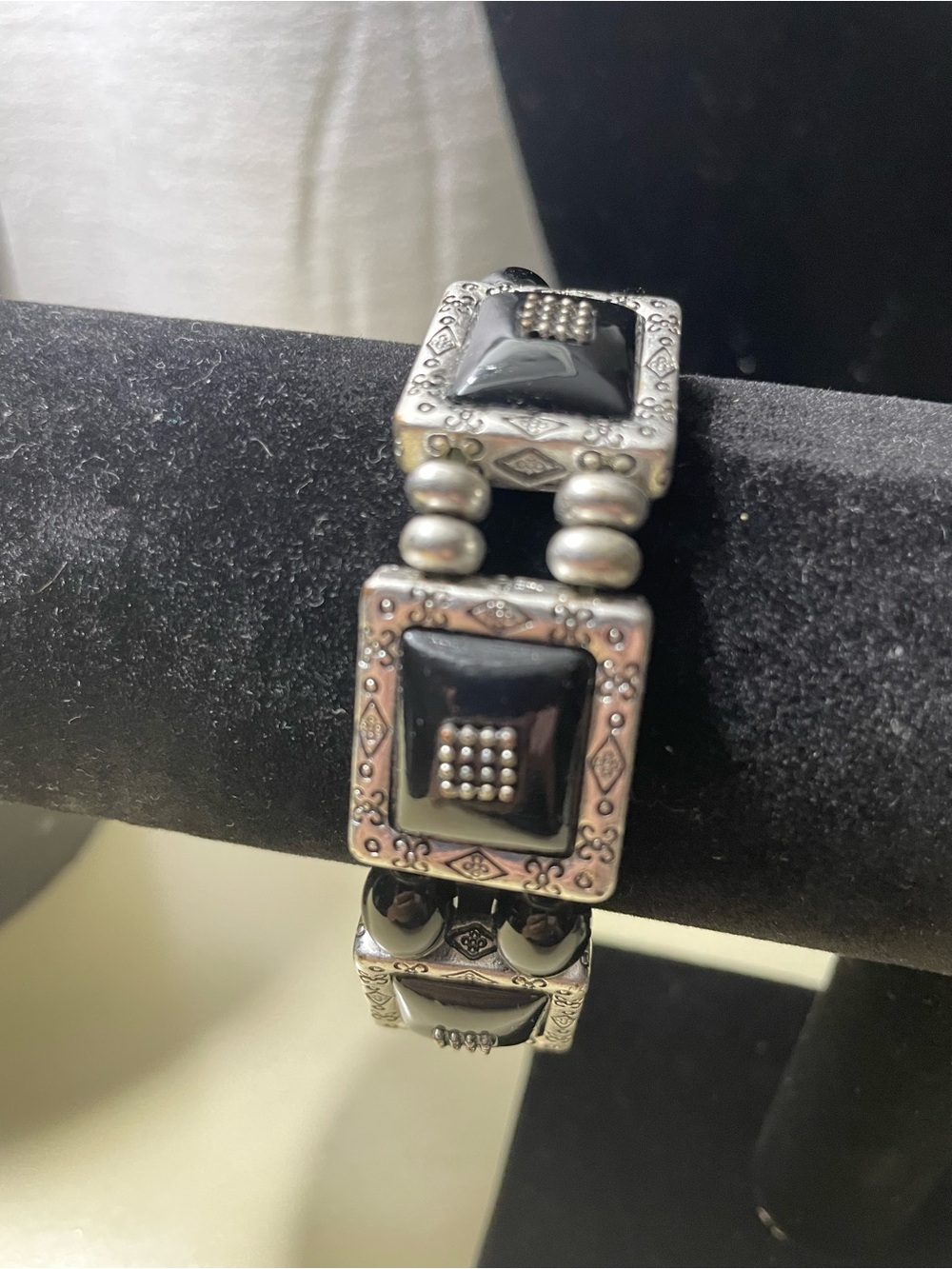 Silver-Tone Bracelet with Black Square Cabochons